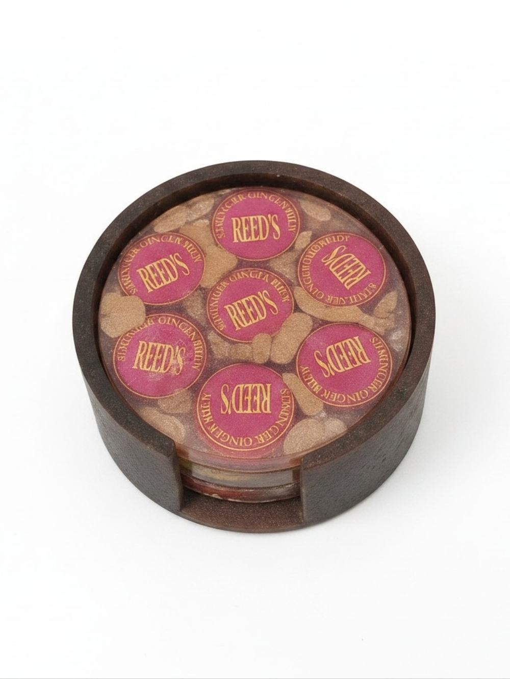 Hand Crafted REED’S Ginger Beer Bottle Cap Resin Coaster Set of 3 With Holder